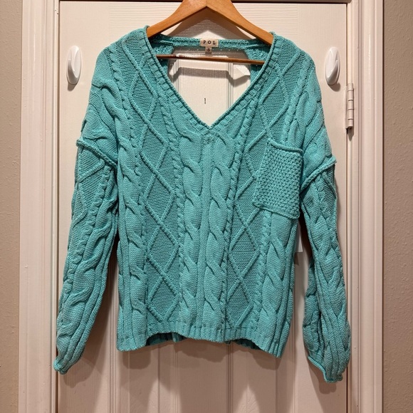 POL Cable Knit Sweater Women’s Small Open Back Tie Green Boho Colorful Pocket - Picture 1 of 10